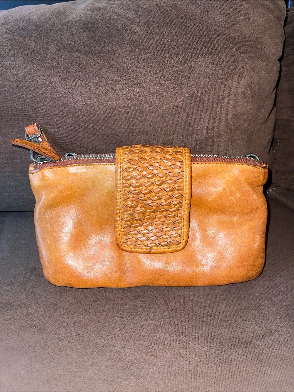 Woven Front Leather Wristlet Clutch in Tan